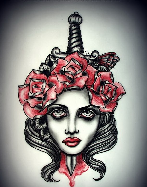 Black-and-red vampire girl head pierced with a dagger and roses tattoo design by MWeiss