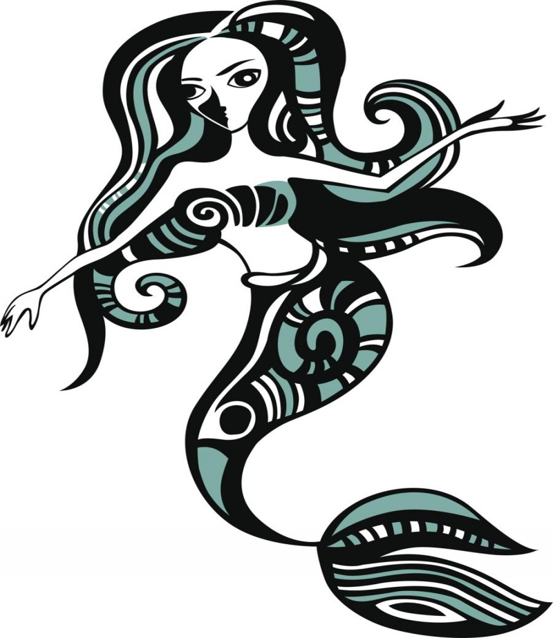 Black-and-turquoise stylized patterned mermaid tattoo design