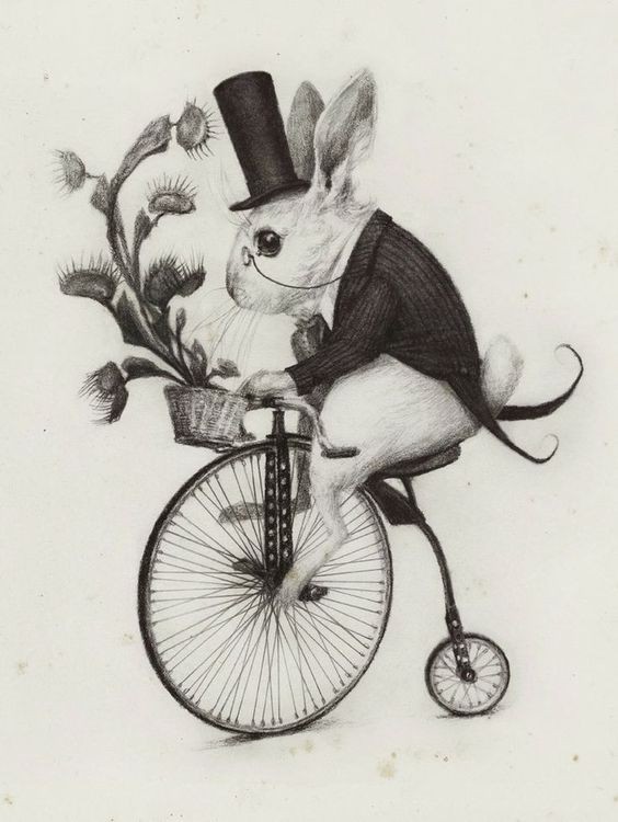 Black-and-whire sir hare in high hat with cactus riding bicycle tattoo design