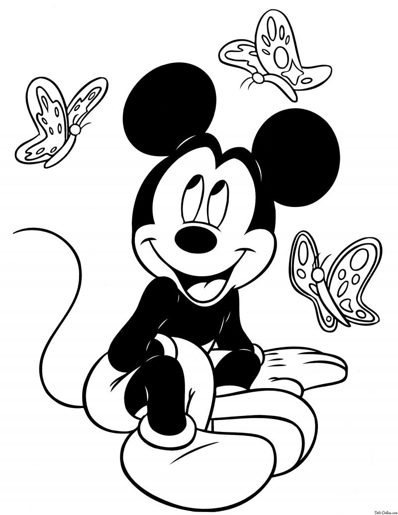 Black-and-white Mickey Mouse and flying butterflies tattoo design