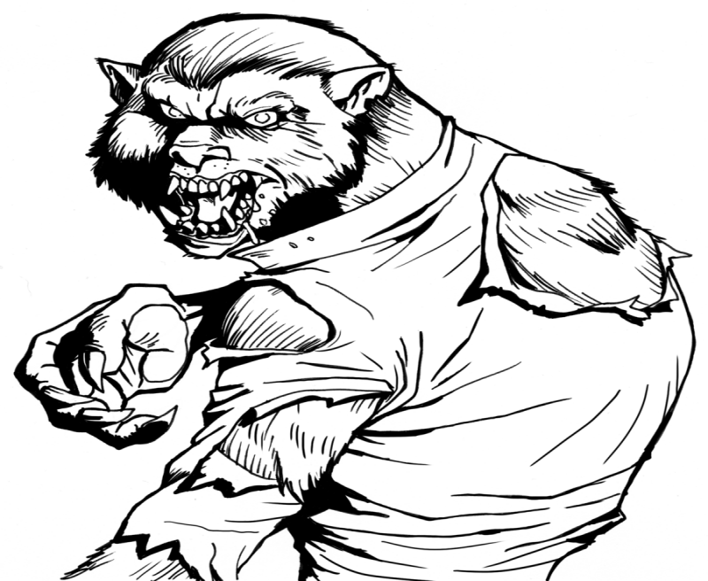 Black-and-white agressive werewolf in torn shirt tattoo design