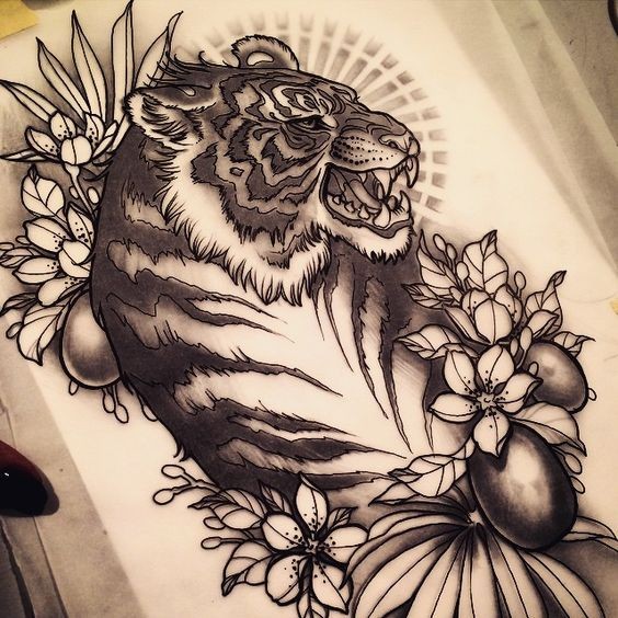 Black-and-white agressive wild animal and barbery flowers tattoo design