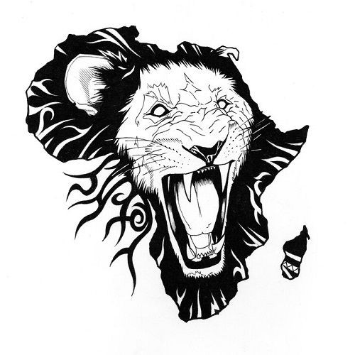 Black-and-white animal face framed with african land contour tattoo design