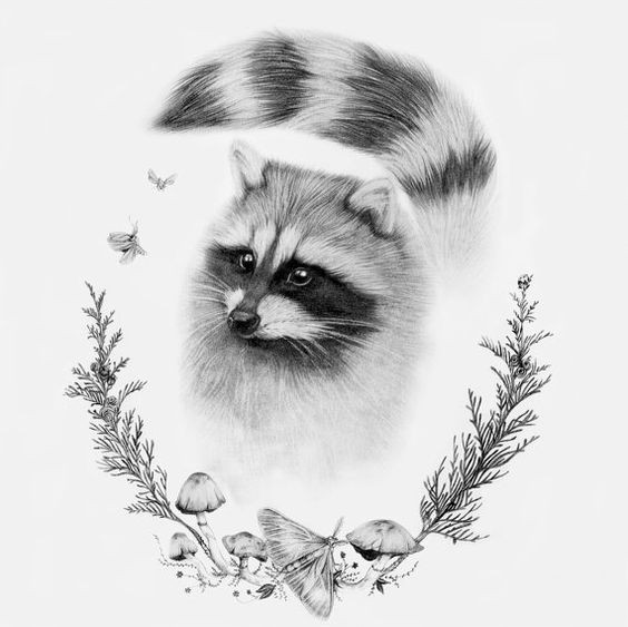Black-and-white animal framed with branches and mushrooms tattoo design