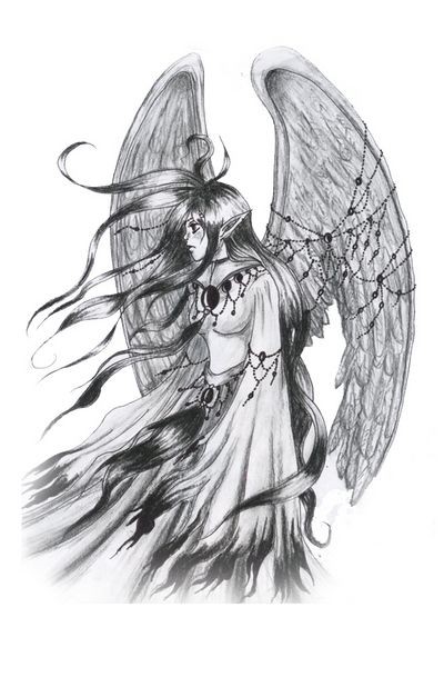 Black-and-white anime angel in rich clothing tattoo design