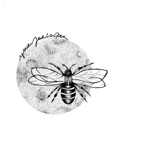 Black-and-white bee sitting on full dotwork moon with lettering tattoo design