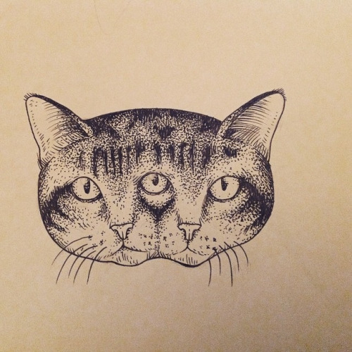 Black-and-white bifurcated cat head tattoo design