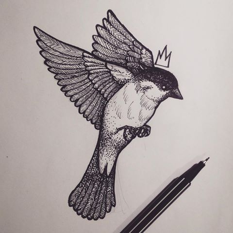 Black And White Bird In Small Crown Tattoo Design Tattooimages Biz