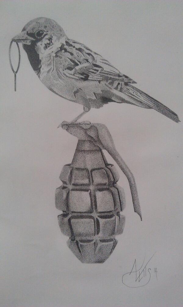 Black-and-white bird with a ring on a grenade tattoo design