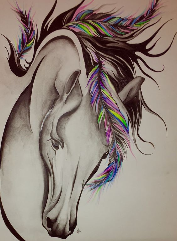 Black-and-white bowed horse head with rainbow feathers tattoo design
