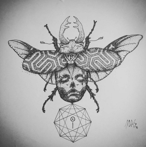 Black-and-white bug with geometric and human face prints tattoo design