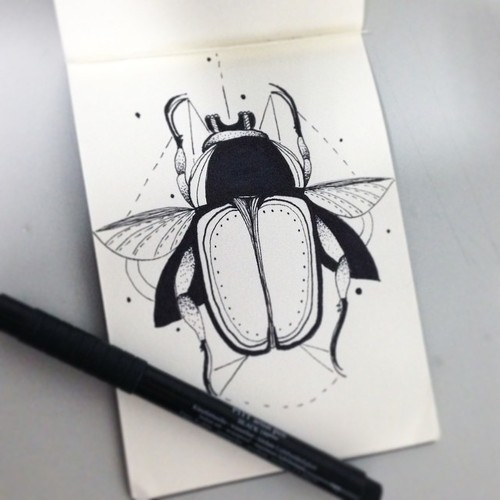 Black-and-white bug with geometric dotted lines tattoo design