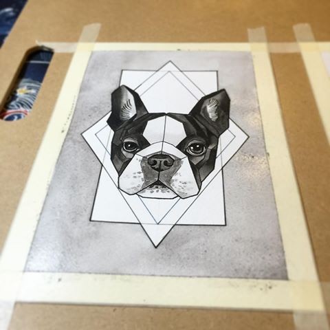 Black-and-white bulldog on white geometric background tattoo design