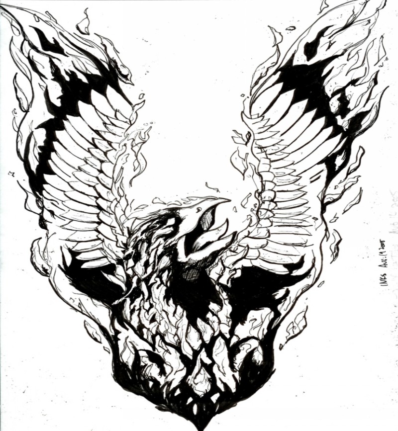 Black-and-white burning phoenix tattoo design by Nick Mockoviak