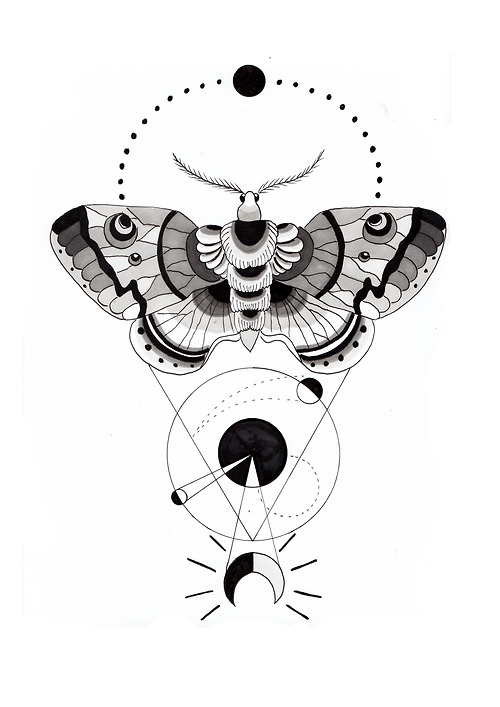 Black-and-white butterfly with geometric drawings tattoo design