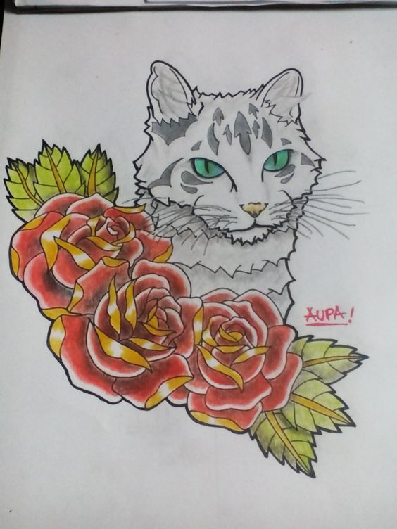 Black-and-white cat and red roses tattoo design