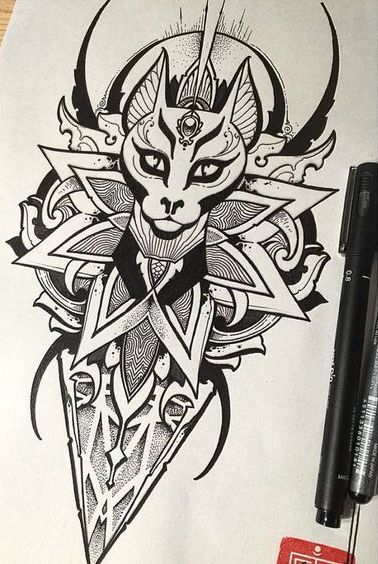 Black-and-white cat on ornamented background tattoo design