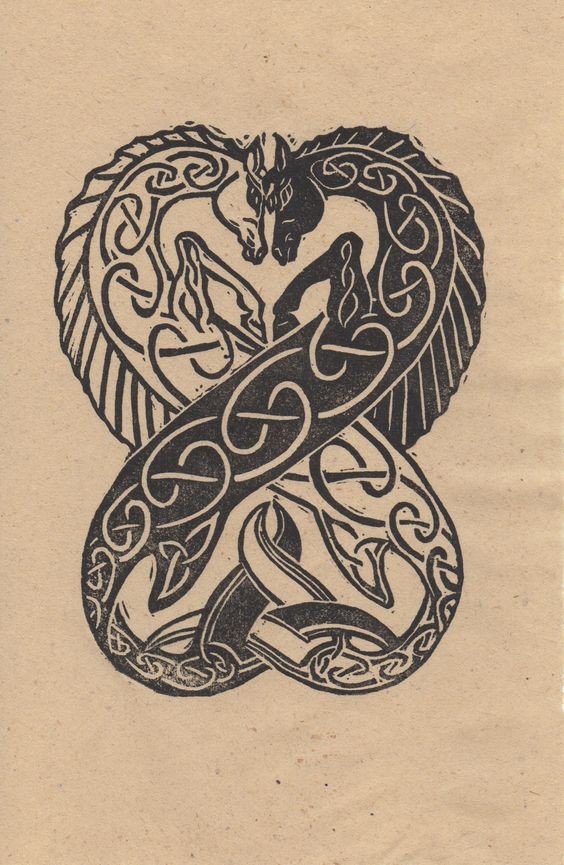 Black-and-white celtic-patterned seahorse emblem tattoo design