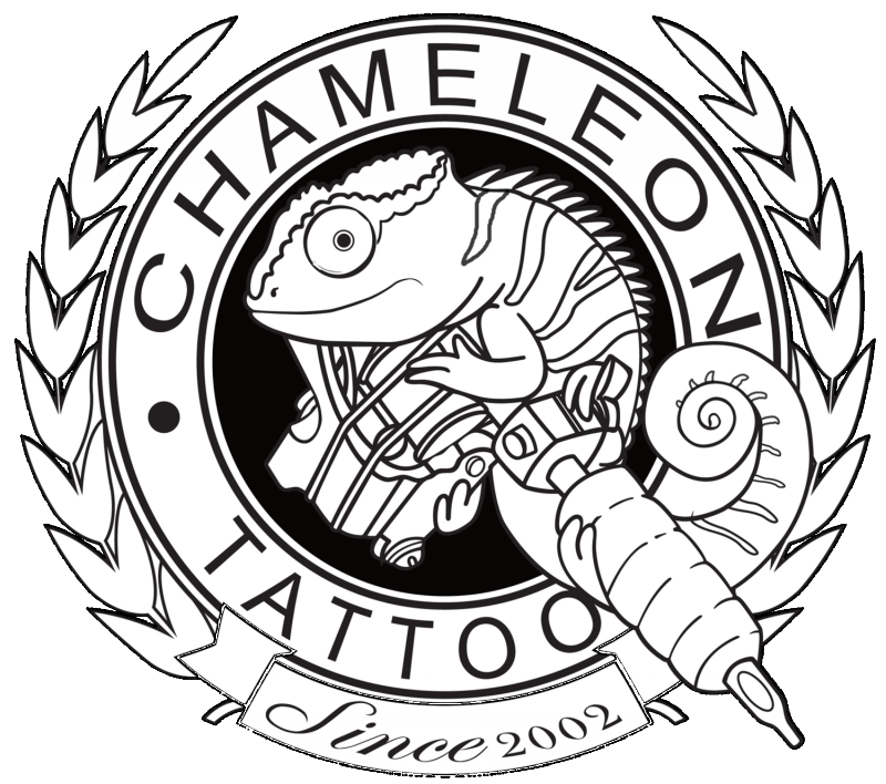 Black-and-white chameleon with tattoo machine in quoted emblem tattoo design