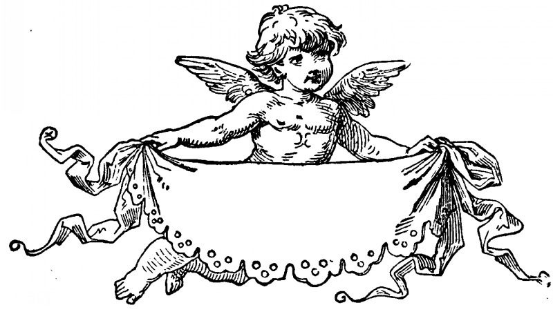 Anjo de querubim em preto e branco que mantém um desenho de tatuagem de cortina agradável