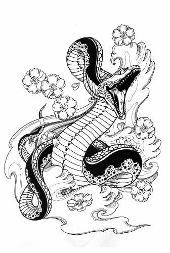 Black-and-white chinese reptile swimming in waves with cherry blossom tattoo design