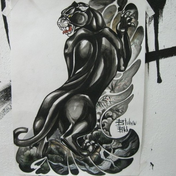 Black-and-white chinese style panther tattoo design by Beat Downbiatch