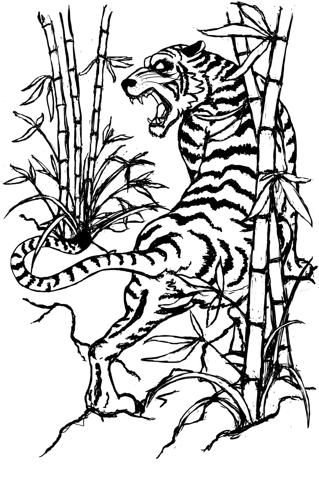 Black-and-white chinese style tiger among bamboo stems tattoo design by Jdstone