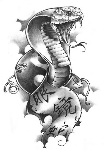 Black-and-white cobra snake and chinese paper scrolls tattoo design