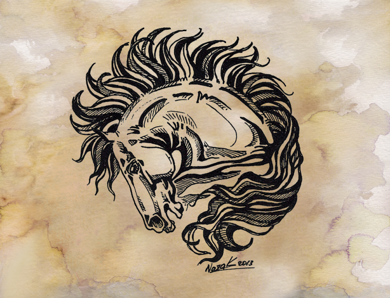 Black-and-white curled horse head tattoo design by Kantaka1