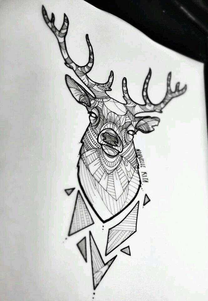 Black-and-white deer broken into geometric pieces tattoo design