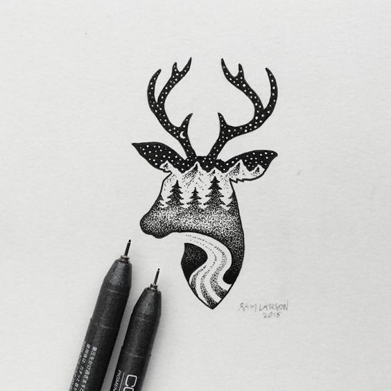 Black-and-white deer contour with nature filling tattoo design
