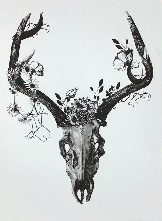 Black-and-white deer skull with flowered horns tattoo design