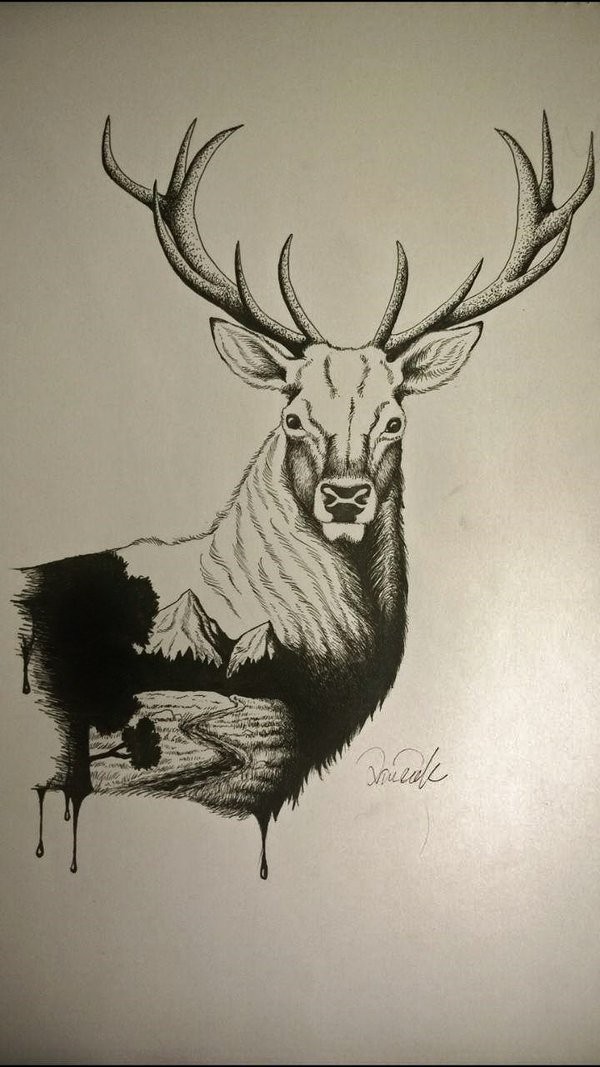 Black-and-white deer with mountain view tattoo design by Kaibutsu14
