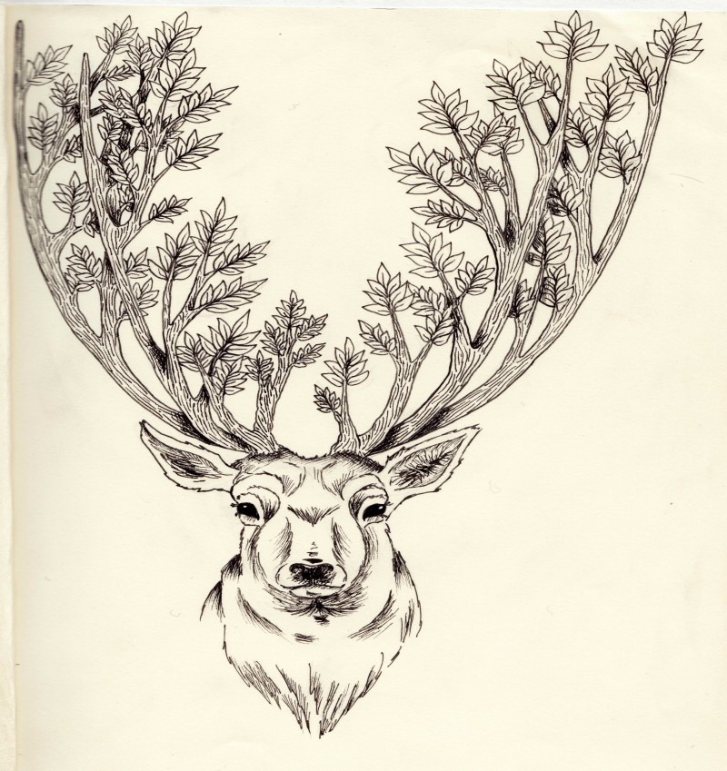 Black-and-white deer with unusual leaved horns tattoo design