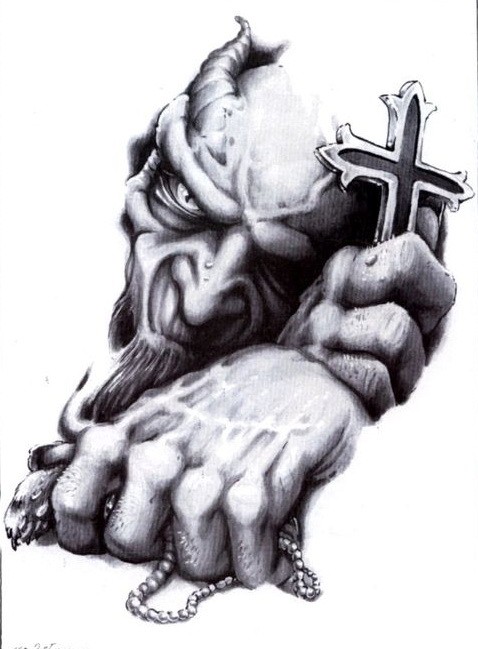 Demônio preto e branco que mantém um desenho de tatuagem de rosário