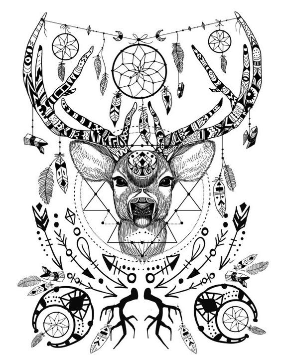 Black-and-white detailed deer with a lot of ornaments tattoo design