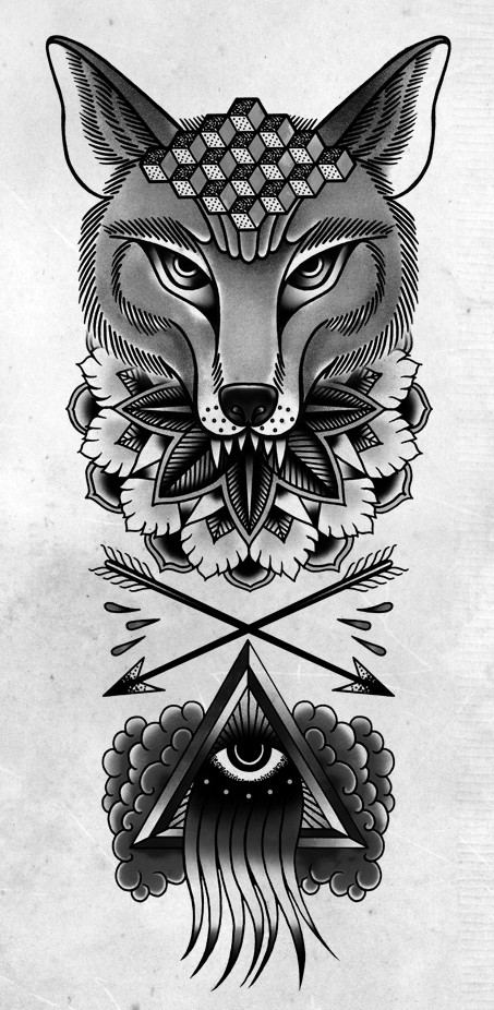 Black-and-white detailed fox head with illuminati tattoo design