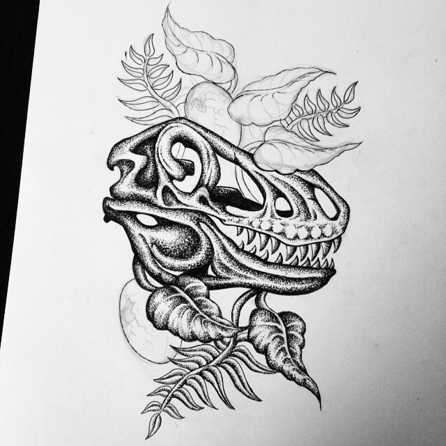 Black-and-white dinosaur skull with a lot of leaves tattoo design