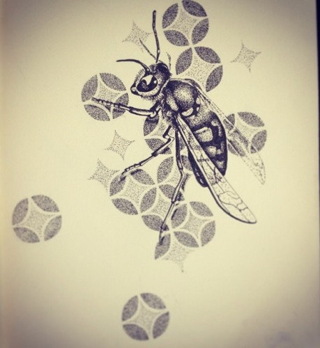 Black-and-white dotwork bee crawling among unusual stars tattoo design