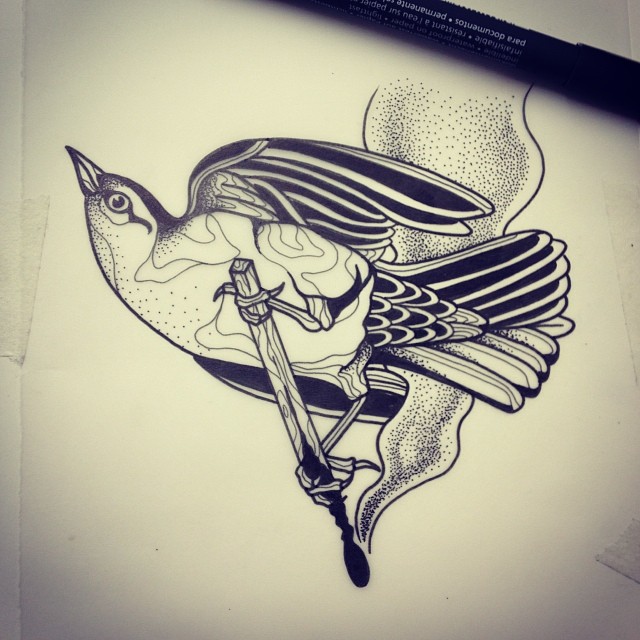 Black-and-white dotwork bird sitting on burning match tattoo design