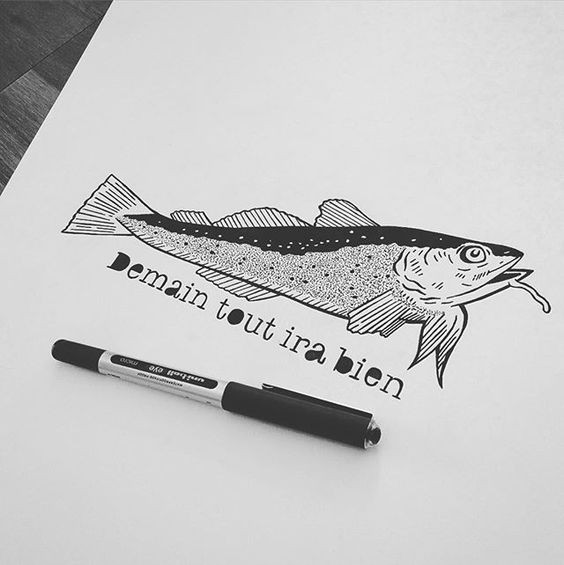 Black-and-white dotwork carp fish with lettering tattoo design