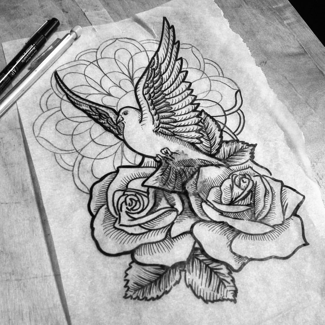 Black-and-white dove with rose buds and mandala flower tattoo design