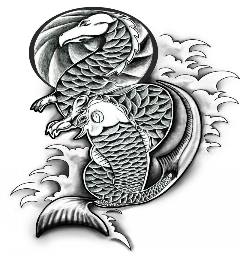 Black-and-white dragon and koi fish tattoo design by Dan White Designs