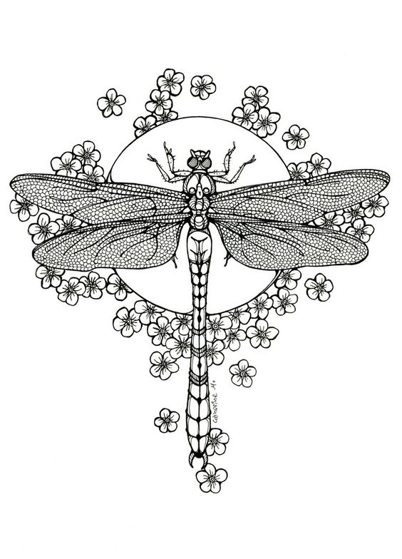 Black-and-white dragonfly on flowered full moon background tattoo design