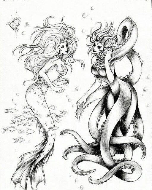 Black-and-white drawing mermaid girlfriends tattoo design