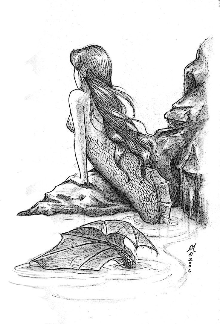 Black-and-white drowing mermaid looking out of rocks tattoo design