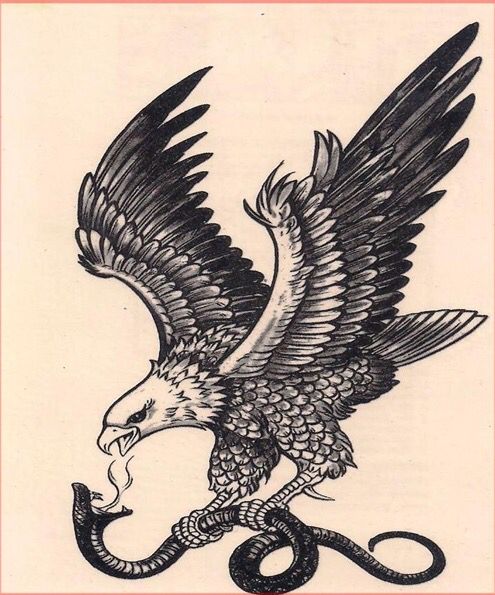 Black-and-white eagle killing a snake tattoo design