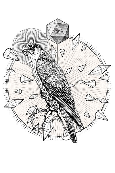 Black-and-white eagle with illuminati on difficult geometric background tattoo design