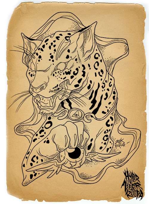 Black-and-white egyptian jaguar playing with winged flying eye tattoo design