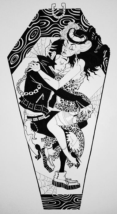 Black-and-white embracing vampire couple in a coffin frame tattoo design